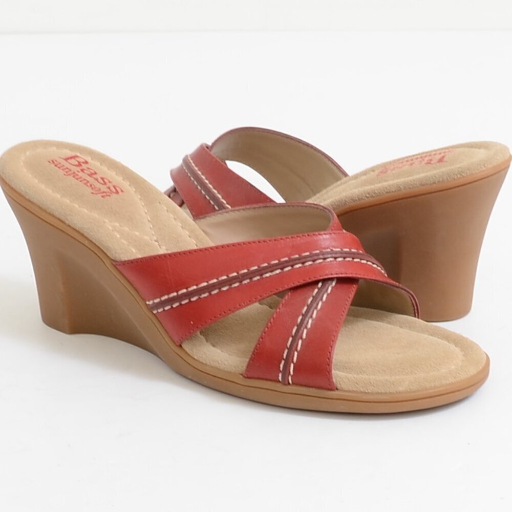 Bass Sunjunsoft Slip-On Red Leather Wedge Women's Heel Sandals Size 8 Resortwear